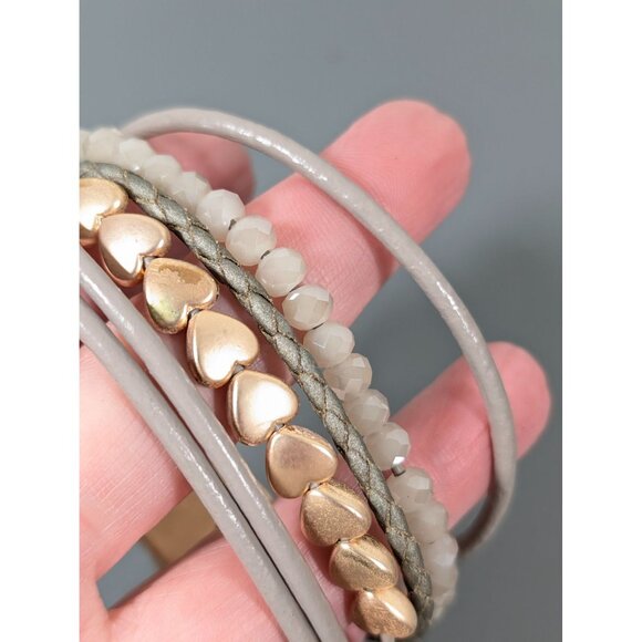 SAACHI Gold Tone Beige Gray Leather Glass Multi Cord Magnetic Bracelet 7" - Picture 4 of 10